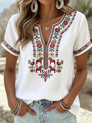 Women's Vintage-Style Swedish Symmetrical Floral V-Neck T-Shirt