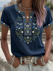 Women's Retro Art Swedish Midsummer Ethnic Floral V-Neck T-Shirt