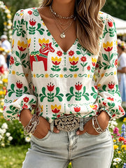 Women's Midsummer Festival Ethnic Print Casual Puff Sleeve V-Neck Top