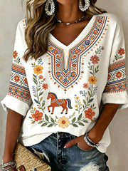 Women's Midsummer Festival Ethnic Print Casual V-Neck Top