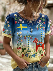 Retro Midsummer Festival Art Print Casual T-Shirt