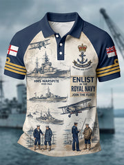 Men's Retro Royal Navy Veteran Print Casual Polo