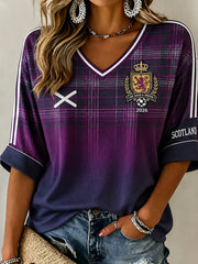 Women's Scotland Football Pattern Linen V-Neck Shirt