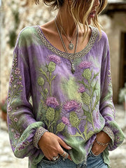 Women's retro Scottish Thistle flower pattern printed cotton and linen shirt