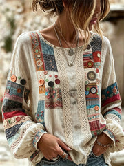 Women's Boho Buttons Floral Colorblock Print Cotton-Linen Shirt