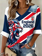 Women's UK Football Lover England Printed Mid-length Sleeves V-Neck T-Shirt