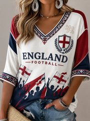Women's UK Football Lover England Printed Mid-length Sleeves V-Neck T-Shirt