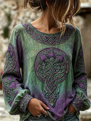 Women's Vintage Classy Thistle Celtic Knot Gradient Print Cotton-Linen Shirt