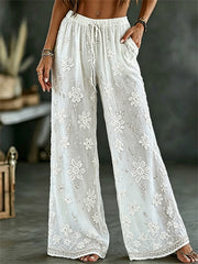 Women's Classy Floral Pattern Glitter Print Flowy Wide Leg Linen Pants