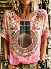 Women's Vintage Guitar Inspired Floral Art Print Gradient linen short-sleeved T-shirt