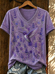 Women's Purple Flora Art Printed V-neck T-shirt