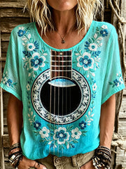 Women's Vintage Guitar Inspired Floral Art Print Gradient linen short-sleeved T-shirt