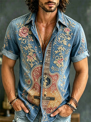 Men's Vintage Guitar Floral Art Print Short Sleeve Linen Shirt