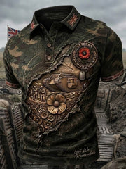 Men's Vintage Military-Style Graphic Short-Sleeve Polo Shirt