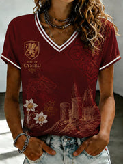 Women's Welsh Dragon Printed V-neck T-shirt