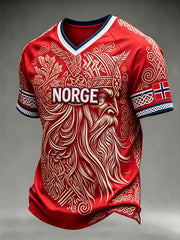 Men's Retro Norwegian Viking Pattern Printed V-neck T-shirt