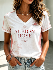 Women's England Printed V-neck off-shoulder short-sleeved T-shirt