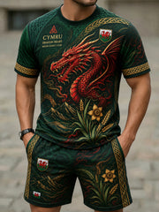 Men's Welsh Red Dragon Cultural Elements Art Print T-Shirt Set