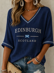 Women's Edinburgh Art Lover Printed Mid-length Sleeves V-Neck T-Shirt