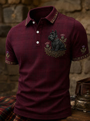 Men’s Scottish Highland Terrier Thistle Plaid Trim Polo Shirt