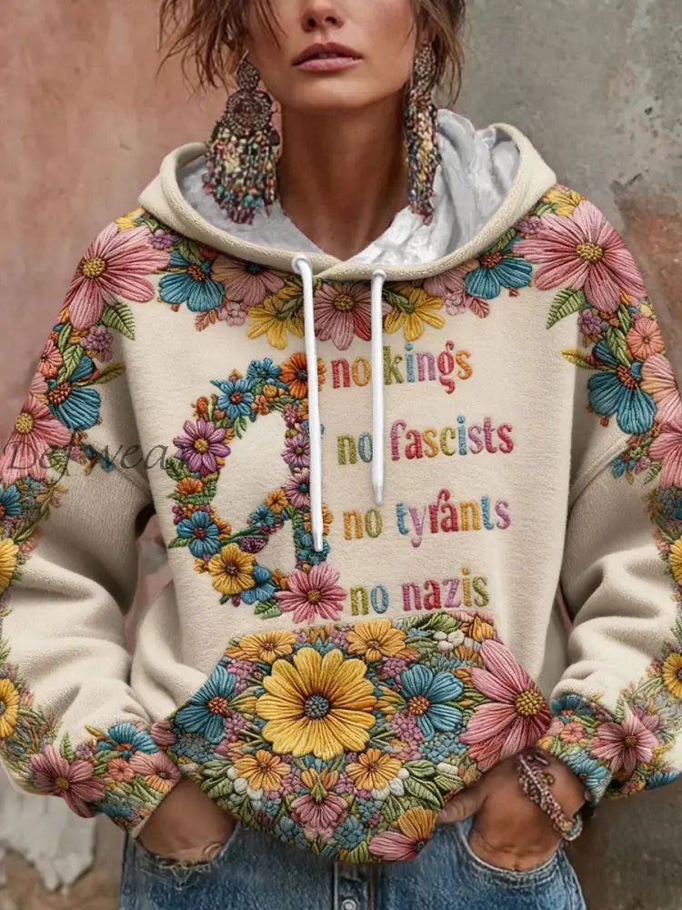 Women’s 8647 FDT Funny No Kings Floral Printed Hoodie Apricot / S