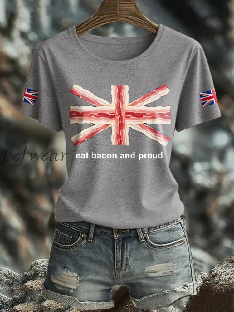 Women’s Bacon UK Flag Printed T Shirt Light Gray / S