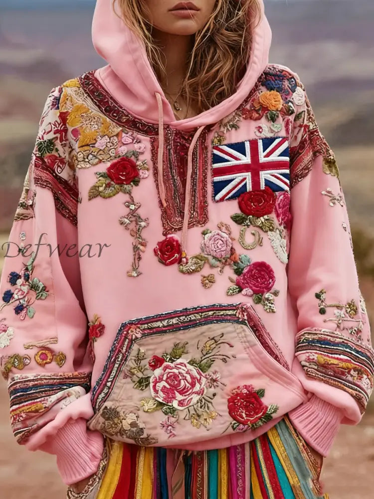 Women’s british flag and flowers hoodie Pink / S