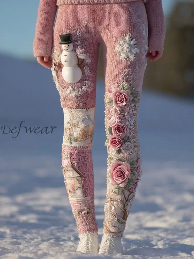 Women’s Christmas clothing breast cancer pink floral and snowman leggings Pink / S