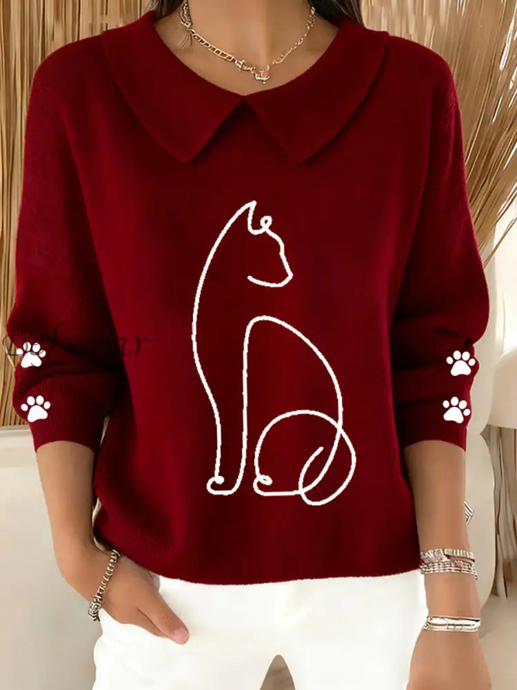 Women’s Cute Cat Print Cat Lovers Casual Baby Doll Collar Top Wine Red / S