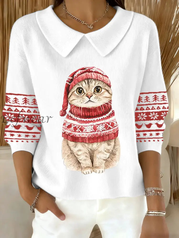 Women’s Cute Christmas Cat Print Cat Lovers Casual Baby Doll Collar Top White / S