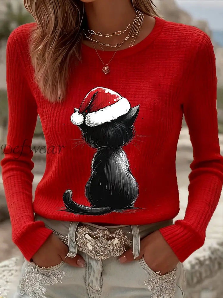 Women’s Cute Christmas Cat Print Cat Lovers Casual Long Sleeve Waffle Top Red / S