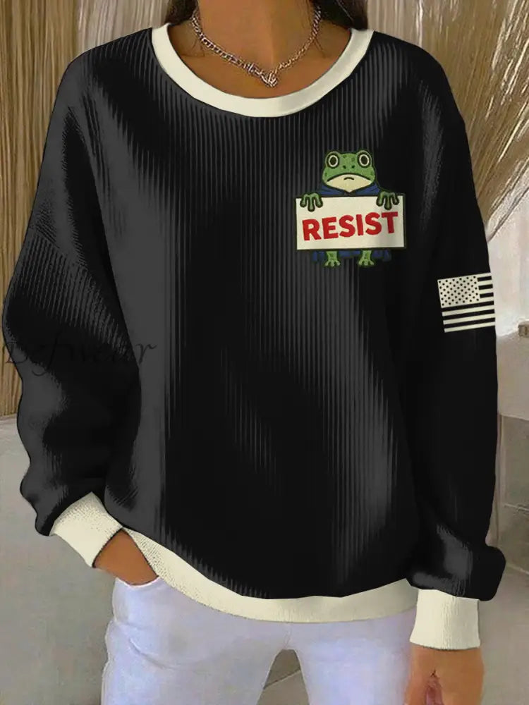 Women’s FDT Polish Frog Print Ribbed Round-Neck Sweatshirt Black / S