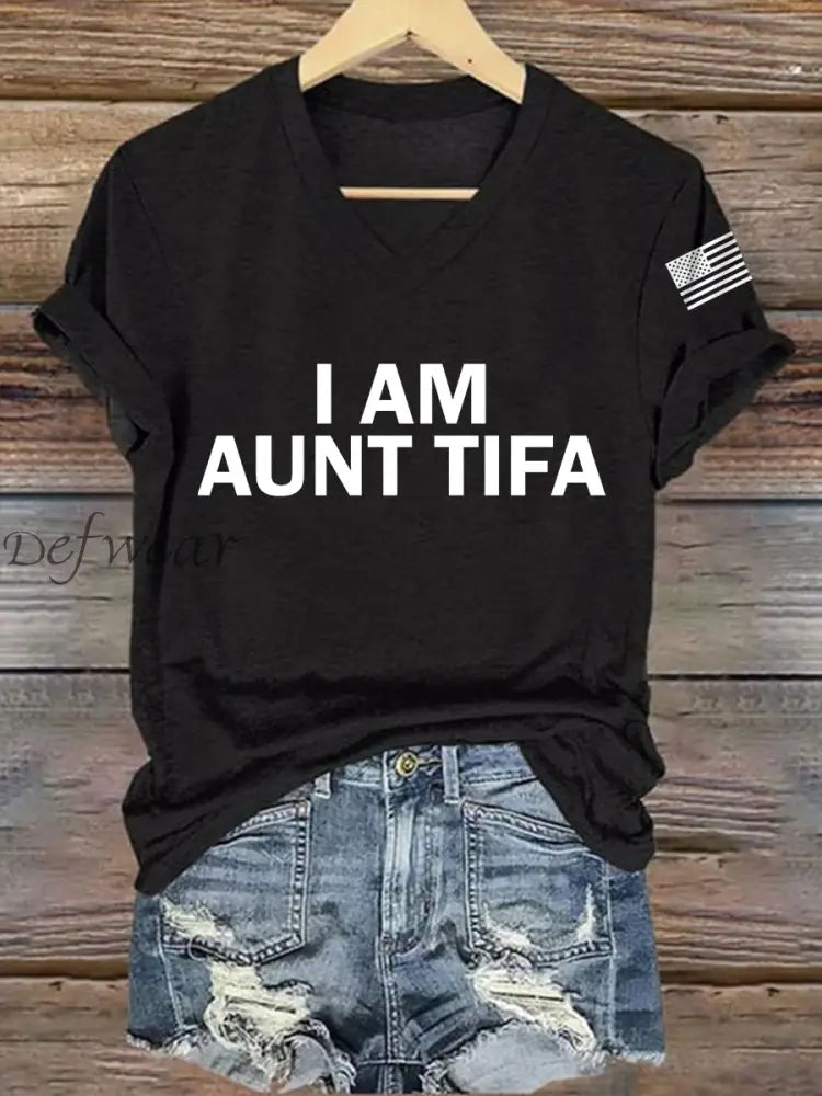 Women’s I Am Aunt Tifa Aunties Against Fascists V-Neck Tee Black / S