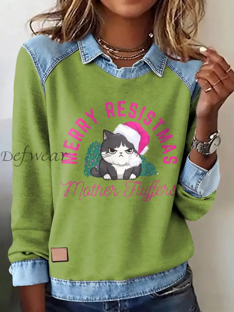 Women’s Merry Resistmas Cat Printed Sweatshirt Light Green / S