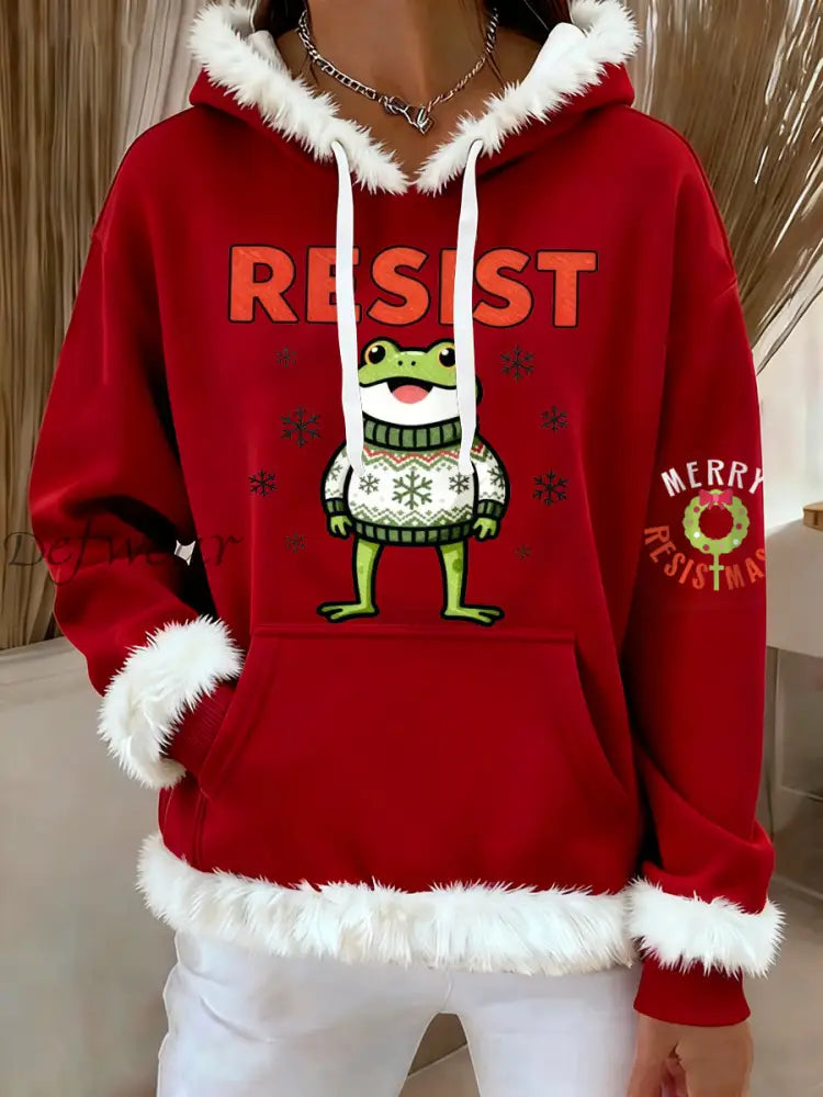 Women’s Merry Resistmas Portland Frog Printed Hoodie Red / S
