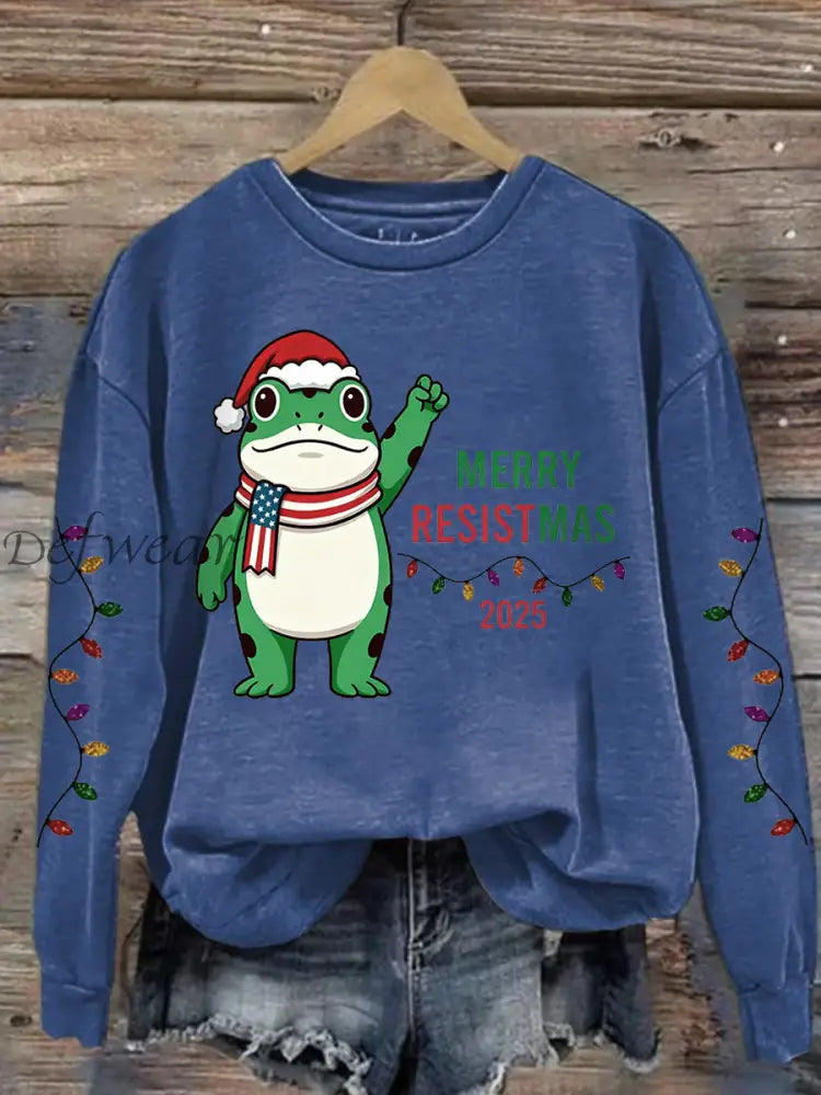 Women’s Merry Resistmas Portland Frog Printed Sweatshirt Blue / S