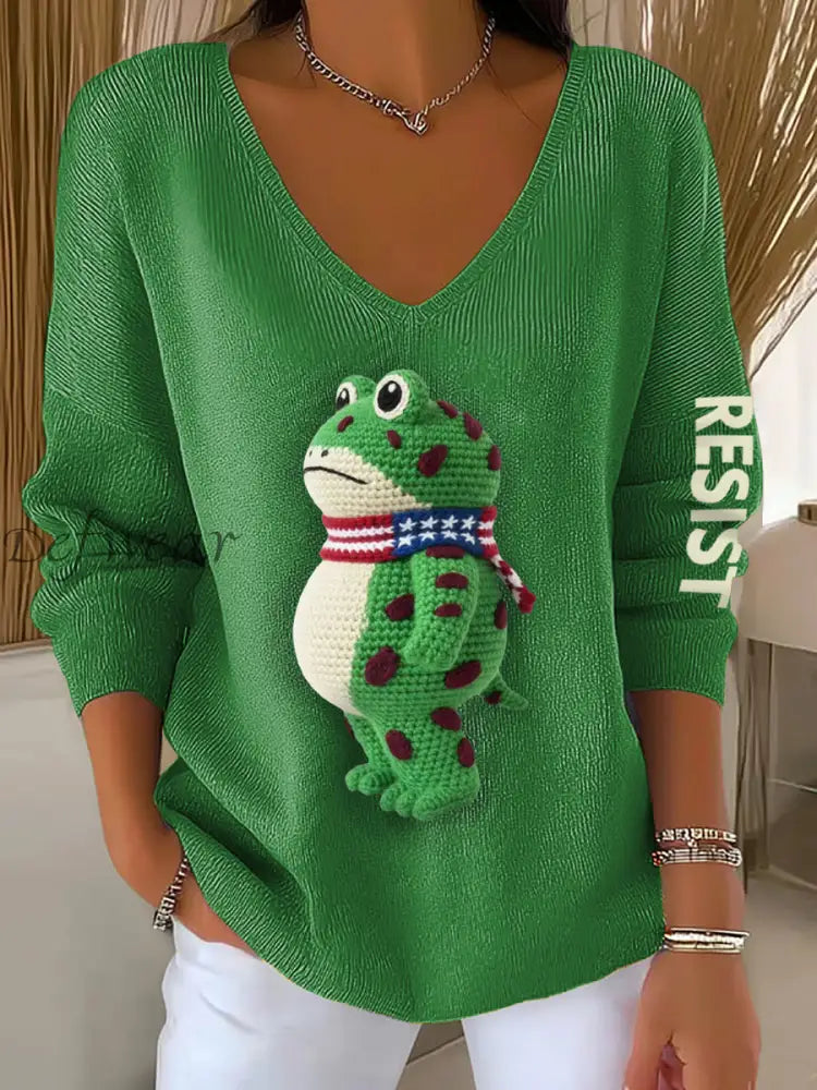 Women’s Portland Frog Crochet Art V-Neck Ribbed Top Green / S