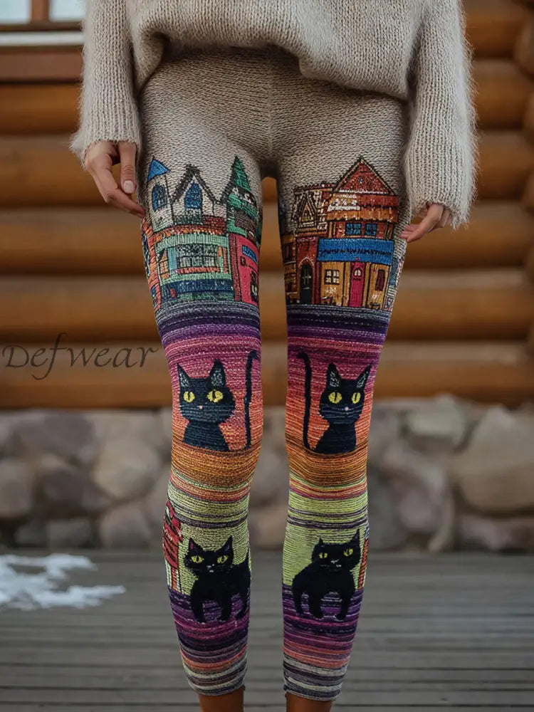 Women’s Vintage Black Cats Print Leggings As picture / S