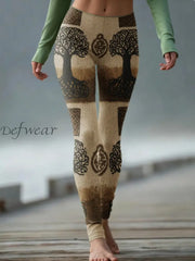 Women’s Vintage Viking Tree Of Life Celtic Knit Comfy Leggings Coffee / S