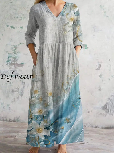 Abstract Art Print Chic V Neck Three Quarter Sleeve Elegant Midi Dress Light Gray / S