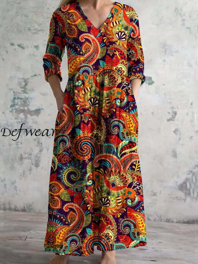 Boho Paisley Floral Printed V Neck Vintage Elegant Long Sleeve Midi Dress A / S