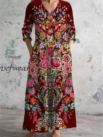 Boho Paisley Floral Printed V Neck Vintage Elegant Long Sleeve Midi Dress A / S