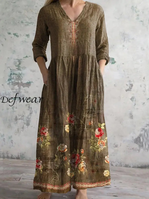 Boho Paisley Floral Printed V Neck Vintage Elegant Long Sleeve Midi Dress A / S