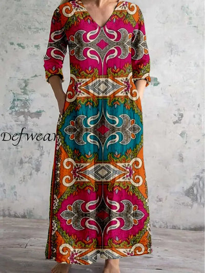 Boho Paisley Floral Printed V Neck Vintage Elegant Long Sleeve Midi Dress A / S