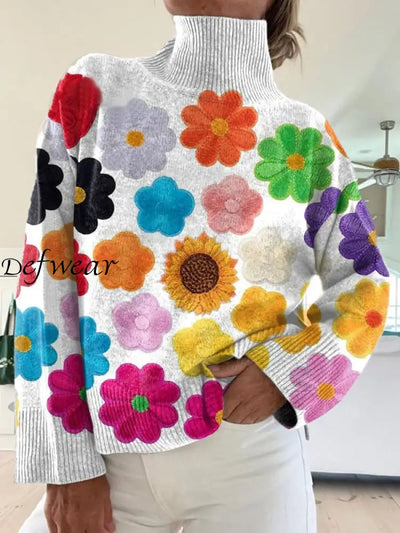 Classc Boho Floral Patchwork Print Knit Turtleneck Pullover Long-Sleeved Sweater A / S