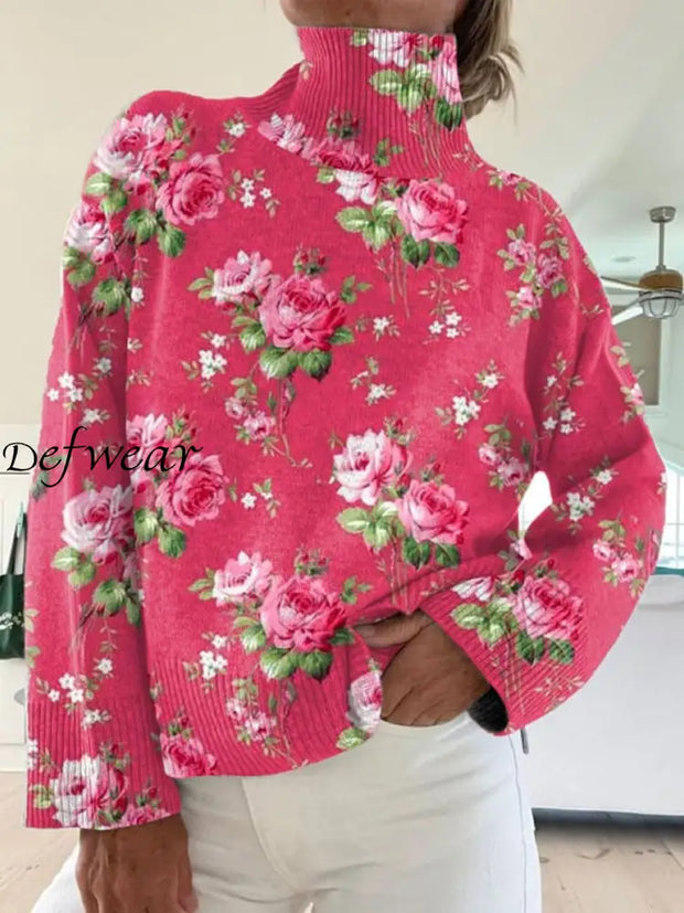 Classc Boho Floral Patchwork Print Knit Turtleneck Pullover Long-Sleeved Sweater A / S