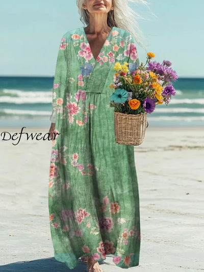 Classc Boho Floral Printed Wide V-Neck Vintage Loose Long Cotton Sleeves Midi Dress A / S