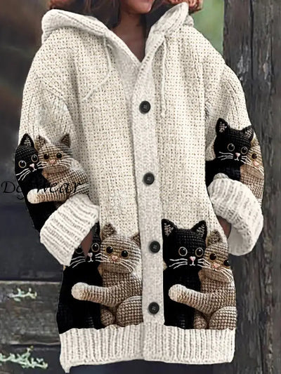 Cute Cat Print Button Up Thick Long-Sleeved Hooded Cardigan Sweater A / S