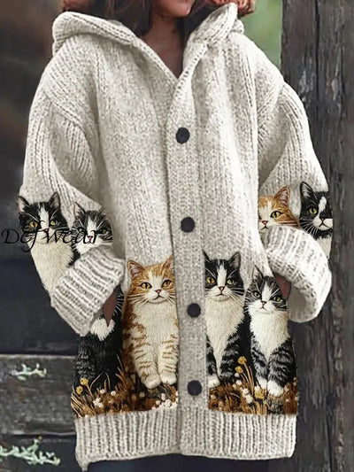 Cute Cat Print Button Up Thick Long-Sleeved Hooded Cardigan Sweater A / S