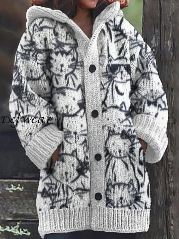 Cute Cat Print Button Up Thick Long-Sleeved Hooded Cardigan Sweater A / S